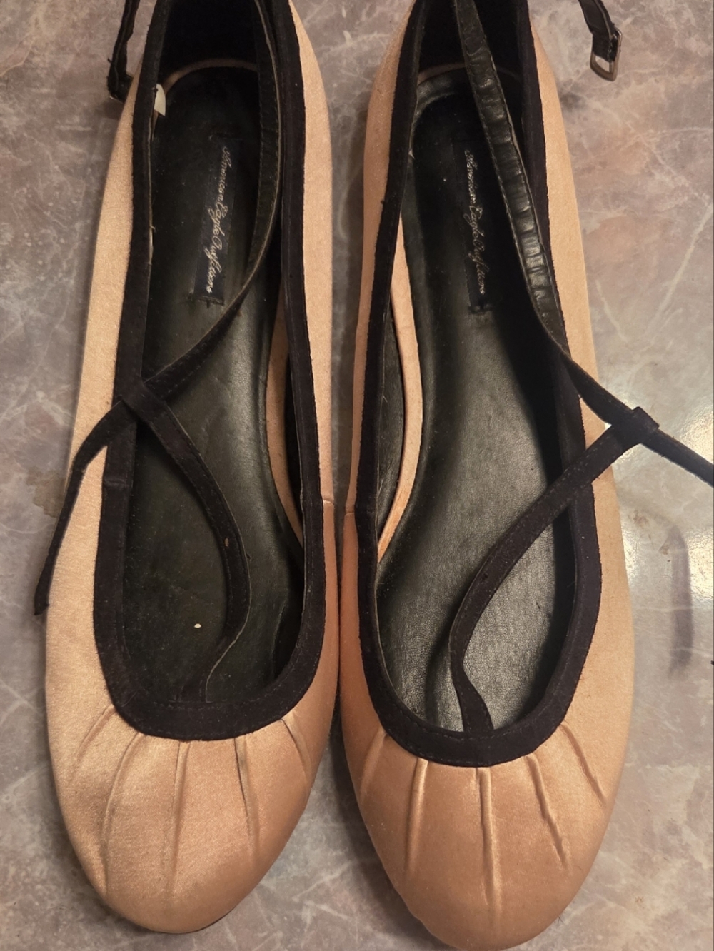 Women's Satin Blush Pink Ballet Flats with Black T Strap With Ankle Wrap